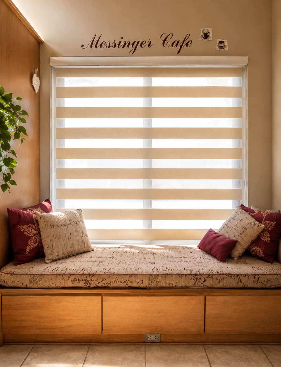 Beige zebra blind over a built-in window seat